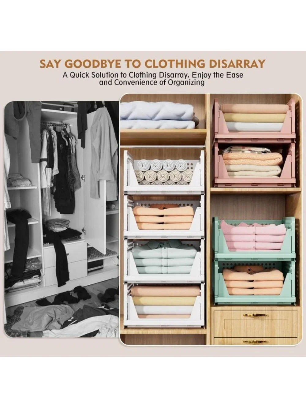 5 Pack Stackable Foldable Closet Organizers & Storage Bins - Space-Saving